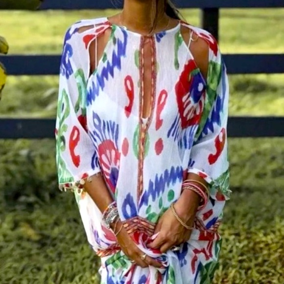 New Zara Printed Kaftan Dress Cover Up - Picture 2 of 15